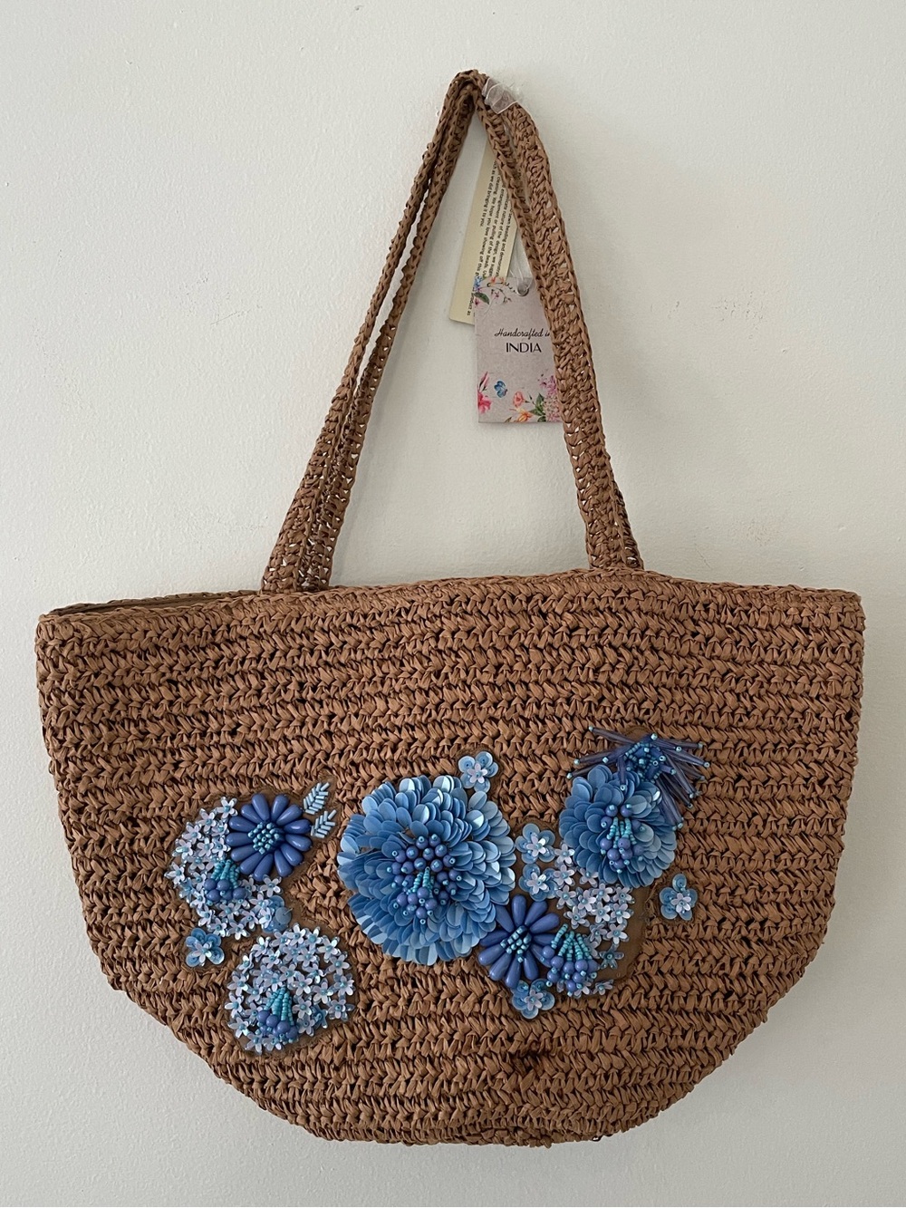 Handcrafted in India Beaded Flowers Raffia Bag